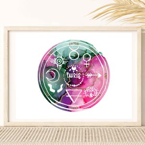 Impresión artística del signo zodiacal Tauro / Carta estelar con símbolos / Impresión de mandala de Tauro / Regalo de cumpleaños de mayo