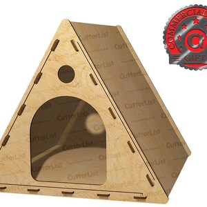 May include: A wooden, triangular pet house with a large arched doorway and a circular window. The structure is made of light-colored wood with visible grain and features a "Commercial License Gift" seal.