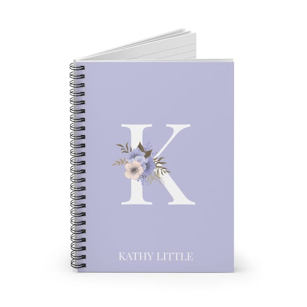 Personalized Initial Ruled Notebook - Name and Letter Purple Floral Pastel Journal Spiral Bound Quote Book To Do Writing List Gift