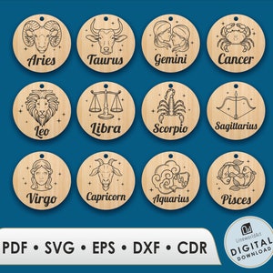 Orecchini zodiacali Svg, Segno zodiacale Svg, File tagliati al laser, Modello orecchini zodiacali in legno, Orecchini Glowforge, 12 file laser oroscopo