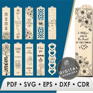 10 bladwijzer Lasergesneden bestanden, Moederdag bladwijzer SVG set, Moederdag bladwijzer laser, moeder bladwijzer SVG, bladwijzer SVG, glowforge bladwijzer
