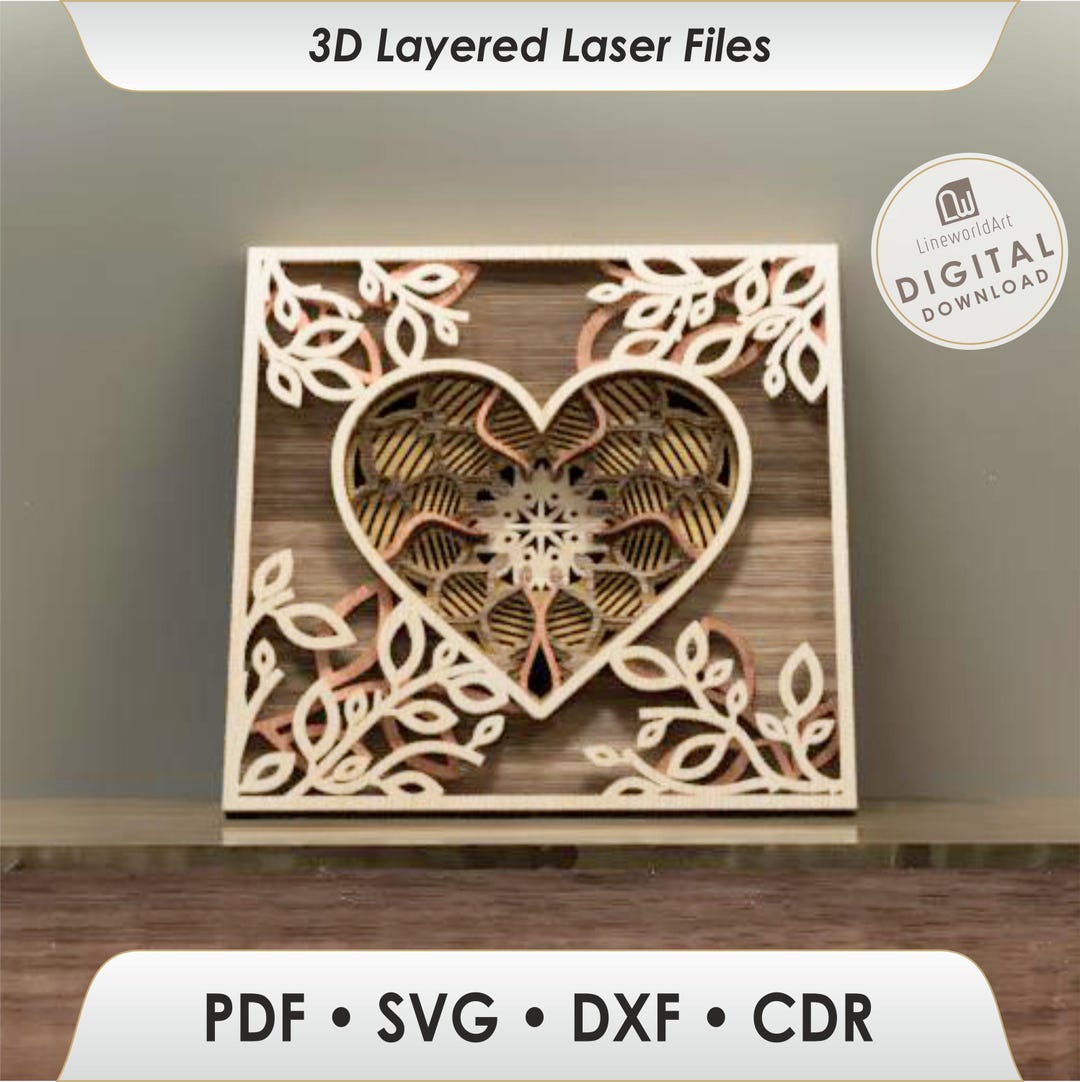 Heart Mandala Laser Cut File, 3D Wooden Heart Wall Art, Cricut ...
