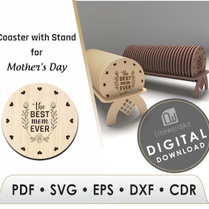 Coaster Holder Stand Laser Cut Files, Mom Coaster Holder Svg, Glowforge Coasters, Vector Files for Laser Cutting, Gift for Mom