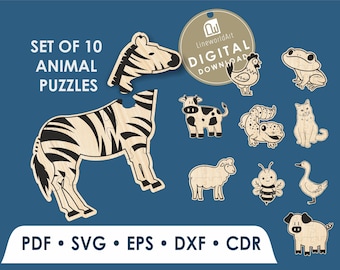Archivos cortados con láser de rompecabezas de animales para niños, juego SVG de juguetes de madera