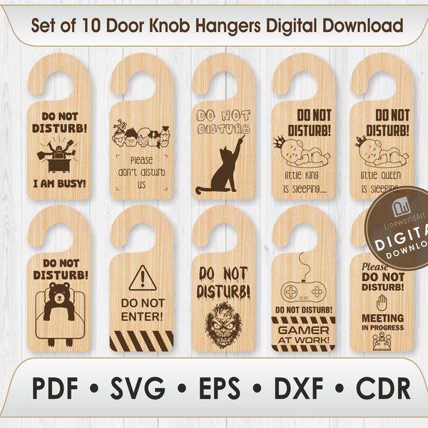 Do Not Disturb Door Knob Hanger Laser Cut  Svg Bundle, 10 Door Hanger, Vector Design, Do Not Disturb Svg, Glowforge Svg Hanger