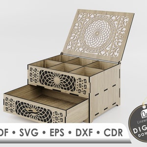 Lasergesneden houten ladekast sieraden doos, laser gesneden bestanden, sieraden doos SVG, Glowforge SVG-bestanden, vectorbestanden voor lasersnijden