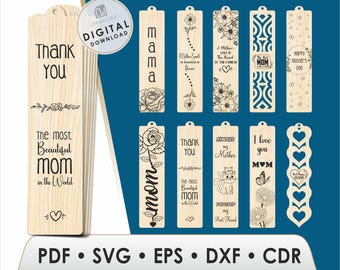 Set of 10 Mother’s Day Bookmark Laser Cut Files, Floral Mom Bookmarks SVG