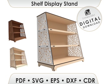 Könnte beinhalten: Digitaler Download eines Regal-Display-Ständer-Designs. Der Ständer hat drei Regalbretter und ein dekoratives, filigranes Muster an den Seiten. Das Design ist in den Formaten PDF, SVG, EPS, DXF und CDR verfügbar.