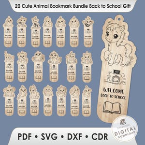 Könnte beinhalten: Ein Set aus 20 Tier-Lesezeichen aus Holz, jedes mit einem anderen Design. Die Lesezeichen tragen den Text "WELCOME BACK TO SCHOOL". Ein größeres Lesezeichen mit einem Pony-Design ist ebenfalls enthalten.