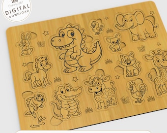 Paquete de rompecabezas de animales para niños en formato SVG, rompecabezas educativos cortados con láser