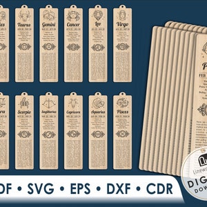 Set von 12 Zodiac Lesezeichen svg, Laser Cut Dateien, Sternzeichen Lesezeichen Laser-Dateien, Holz Lesezeichen Vorlage, Astrologie Lesezeichen svg, Digital
