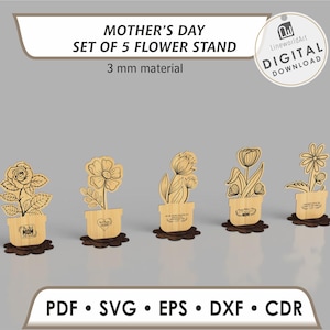 Florero para el Día de la Madre (SVG), Flores para mamá (archivos de corte láser), Flores Glowforge