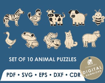 Animal Puzzle SVG Set for Kids | Laser Cut Wooden Puzzle Files