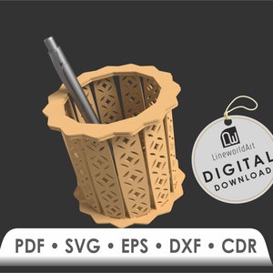 May include: A brown wooden pencil holder with a decorative geometric pattern. The holder is empty, but a silver pen is leaning against the side.