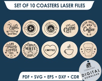 Paquete SVG láser de posavasos de café, diseños de posavasos de madera para Glowforge