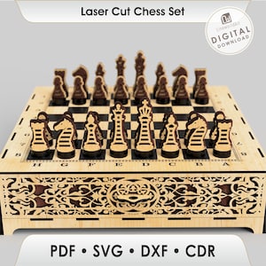 Laser Cut Chess Set SVG Files, Layered Board with Drawer Storage, CNC Glowforge
