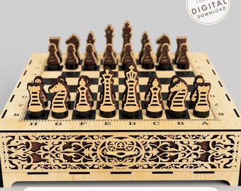 Laser Cut Chess Set SVG Files, Layered Board with Drawer Storage, CNC Glowforge