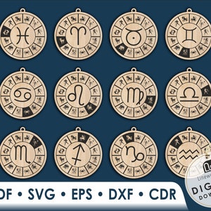 Archivos cortados por láser, conjunto de 12 paquetes svg de signos del zodíaco, adornos del horóscopo svg, archivo de corte láser de astrología, archivos Glowforge