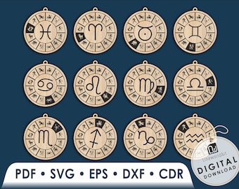 12 Svg Dxf Zodiac Bundle for Laser Cutting, Zodiac Sign Svg, Zodiac Laser Cut Files, Zodiac Svg Designs, Astrology Svg