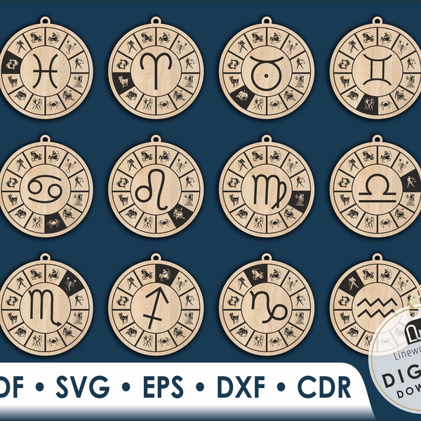 Laser Cut Files, Set of 12 Zodiac Signs Svg Bundle, Horoscope Ornaments Svg, Astrology Laser Cut File, Glowforge Files