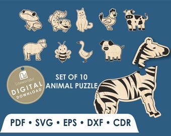 Plantilla SVG de rompecabezas de 10 animales cortada con láser, rompecabezas infantil (descarga digital)
