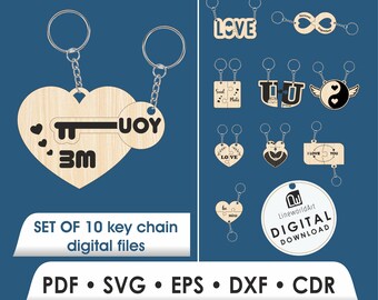 Alla hjärtans dag nyckelring SVG-paket, par nyckelringar laserskurna filer (digital nedladdning)
