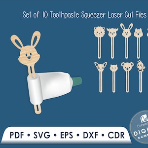 Pacchetto SVG di spremi-tubetti di dentifricio per animali, file laser per dispenser di dentifricio per bambini