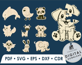 9 Animal Puzzle Bundle Svg, Laser Cut Files, Montessori Puzzle Dxf, Glowforge Kids Puzzle Svg