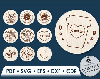 Coffee Coaster SVG Files for Laser Cut, Wood Coaster Designs, Glowforge Ready