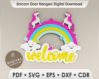 May include: A digital download of a unicorn door hanger design. The design features two white unicorns with pink manes and tails standing on a rainbow with clouds and stars. The word "welcome" is written in yellow on a white background.