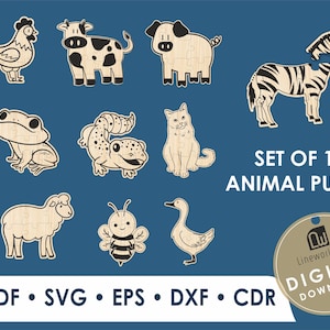 Puzzel met dieren Lasergesneden bestanden Svg-, Dxf-bestand voor kinderen en lasergesneden boeiend bestand, lasergesneden hout, set van 10 puzzelsnijbestanden