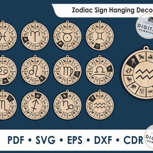 Paquete de archivos SVG para adornos del zodiaco, archivos de corte láser de astrología, descarga digital de signos del horóscopo