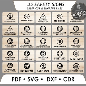 25 säkerhetsskyltar SVG-paket, laserskurna varningsfiler, arbetsplatsskylt DXF