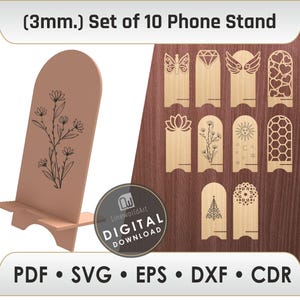 Supporto per telefono Set di 10 pacchetti di file SVG tagliati al laser, file SVG per supporto per telefono, file laser per legno