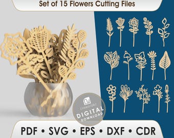 Paquete de archivos SVG para corte láser de flores, archivos Glowforge (descarga digital)