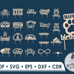 Gâteau d’anniversaire Topper SVG Bundle, Cake Topper Laser Cut Files, Birthday Topper SVG, Fichiers SVG pour Cricut