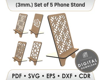 Laser Cut Phone Holder SVG Files, Set of 5 Phone Stands (Digital Download)