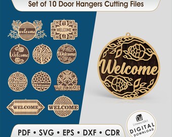 Paquete de archivos de corte láser para colgador de puerta de bienvenida (svg, pdf, dxf, cdr) (Descarga digital)