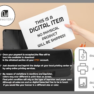 Pu&ograve; includere: Una grafica di download digitale con il testo "Questo &egrave; un articolo digitale Nessun prodotto fisico verr&agrave; spedito!" La grafica &egrave; su una stampante con una mano che tiene la carta. La grafica include anche istruzioni per scaricare, stampare e decorare l'articolo digitale.