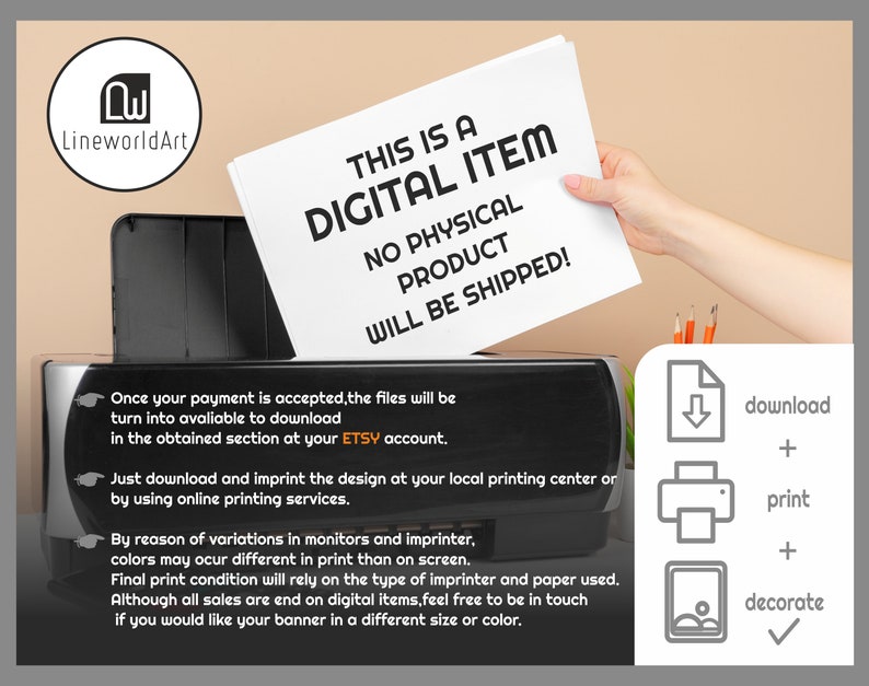 Pu&ograve; includere: Una grafica di download digitale con il testo "Questo &egrave; un articolo digitale Nessun prodotto fisico verr&agrave; spedito!" La grafica &egrave; su una stampante con una mano che tiene la carta. La grafica include anche istruzioni per scaricare, stampare e decorare l'articolo digitale.