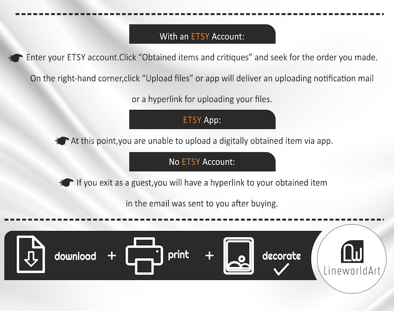 Pu&ograve; includere: Un diagramma che spiega come scaricare, stampare e decorare articoli digitali acquistati su Etsy. Il diagramme include icone per il download, la stampa e la decorazione. Il testo "LineworldArt" &egrave; incluso anche nel diagramma.