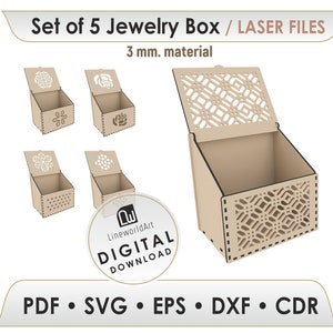 Laser Cut Jewelry Box Svg Files, Laser Cut Files, Laser Cut Wooden Box, Glowforge Svg, Digital Download, Set of 5 Box Laser Files