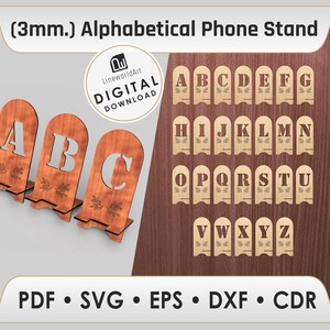 Archivo de corte láser para soportes de teléfono móvil con el alfabeto (A a Z), archivo SVG para soporte de teléfono, archivos Glowforge.