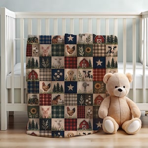 May include: A patchwork blanket featuring a grid of squares with illustrations of farm animals, red barns, tractors, windmills, sunflowers, pine trees, cotton sprigs, stars, and plaid patterns in shades of red, blue, green, and brown.