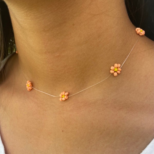 Floater Daisy Choker| floating seed bead daisy necklace jewelry | clear string seed bead daisy choker