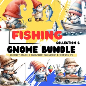 Fishing Gnomes 30 PNG Set C: Watercolor Fishing Gnome clipart bundle PNG, Fisherman gnomes, fly fishing art watercolor, clipart fisherman