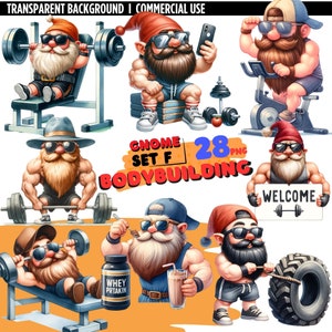 28 PNG Set F : Bodybuilder Gnome PNG, nain d'entraînement, clipart nains de fitness, nain aquarelle png, clipart png aquarelle, téléchargement numérique