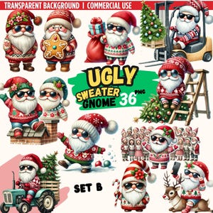 Ensemble B 36PNG : Gnome de Noël pull moche png, nain aquarelle, clipart Noël, téléchargement numérique, Junk Journal, gnome de joyeux Noël