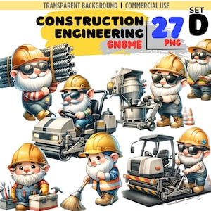May include: Set of 27 digital illustrations of construction gnomes wearing hard hats and operating various construction equipment. The gnomes are depicted in various poses, including driving a roller, operating a cement mixer, and sweeping with a broom. The illustrations are in a cartoon style and have a whimsical feel.