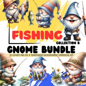Fishing Gnomes 30 PNG Set B: Watercolor Fishing Gnome clipart bundle Png, Fisherman gnomes, fly fishing art watercolor, clipart fisherman